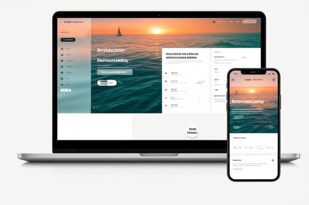 Website mockups showcasing responsive layouts on laptop and mobile.